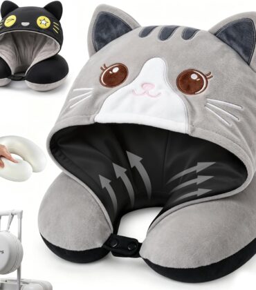 RIBOTS Travel Neck Pillow for Airplanes - 2026 Memory Foam Neck Support Pillow with Hood for Long Flights Car Rest & Road Trips - Reversible Ice Silk & Plush Design with EVA Case for Adults & Teens