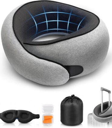 Purroch G-Shape Memory Foam Travel Neck Pillow - 100% Pure Foam Ergonomic Support with Eye Mask & Ear Plugs for Airplane Flights, Car Trips & Office Naps, Beige Gray